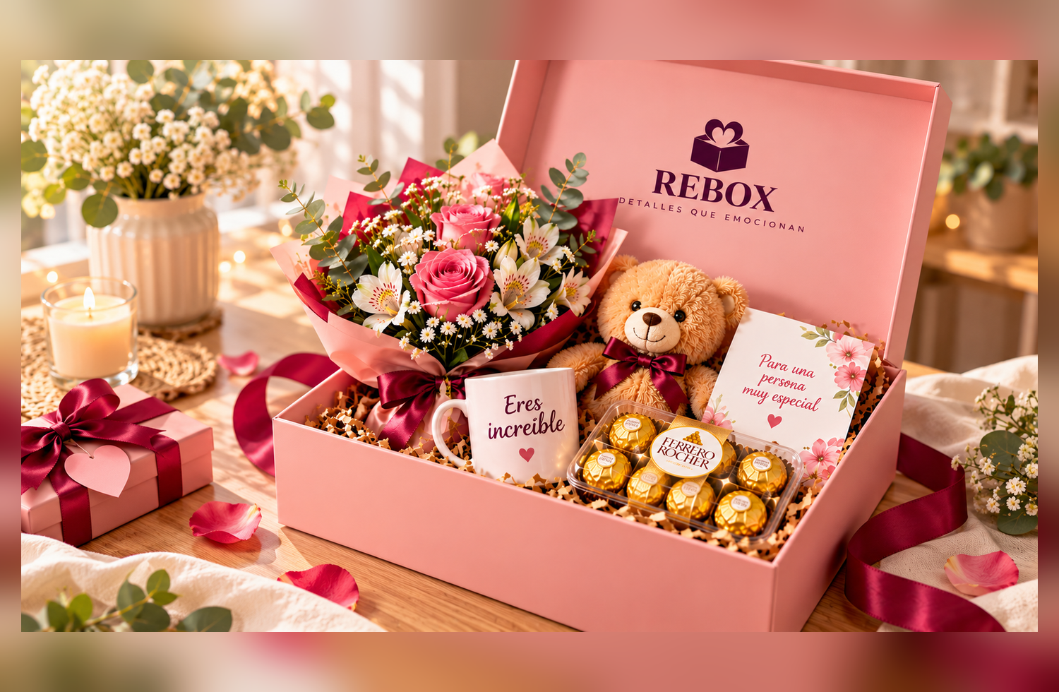 Caja de regalo REBOX con peluche, flores, chocolates y vela
