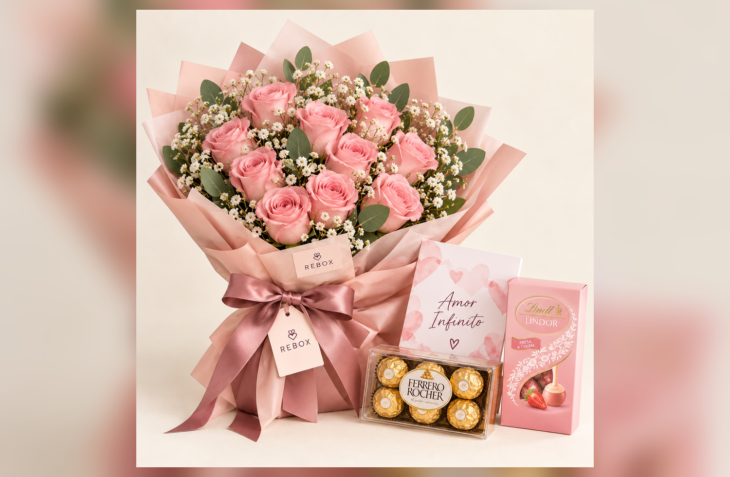 Caja premium REBOX con flores, chocolates y peluche